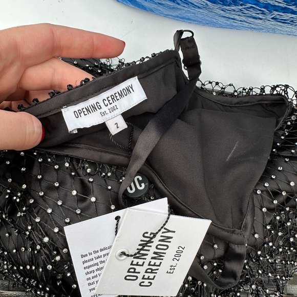 Opening Ceremony Slip Dress Black Satin Fishnet Rhinestone Embellished Sz 2 - Picture 3 of 12